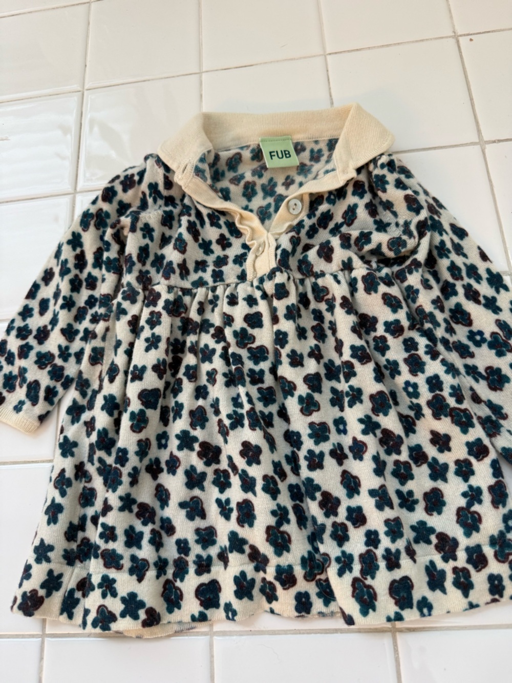 Fub Baby Girl Cream Floral Knit Dress with Teal & Maroon Flowers